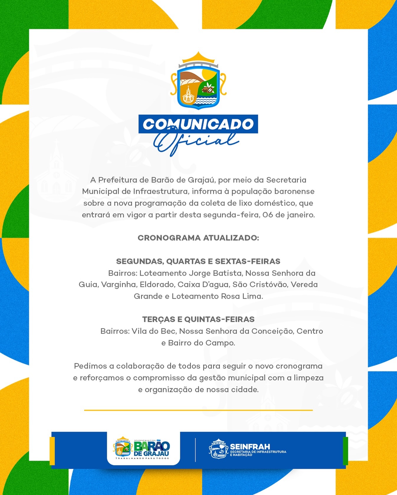 COMUNICADO  - nova programação da coleta de lixo doméstico